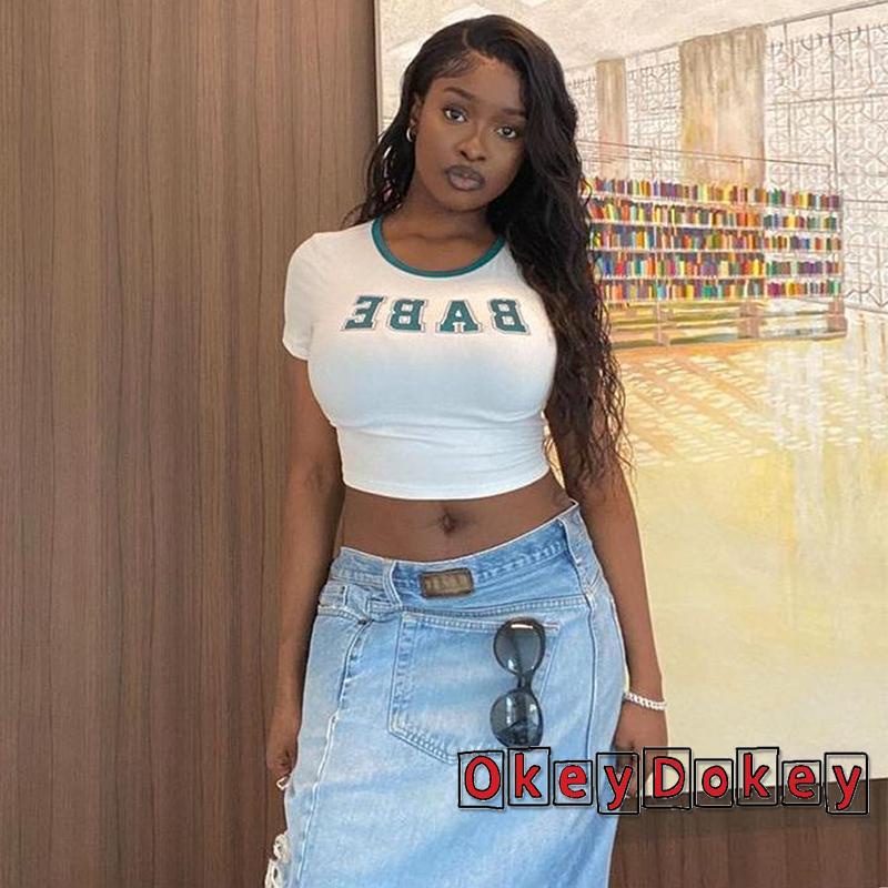 Áo Crop Top Tay Ngắn Cổ Tròn In Chữ Thời Trang Cho Bạn Gái