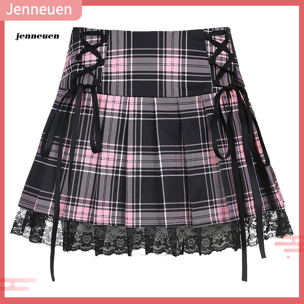 Chân Váy Ngắn Hóa Trang Mini Xếp Ly Phối Dây Cột Sọc Ca Rô Gợi Cảm Cho Nữ