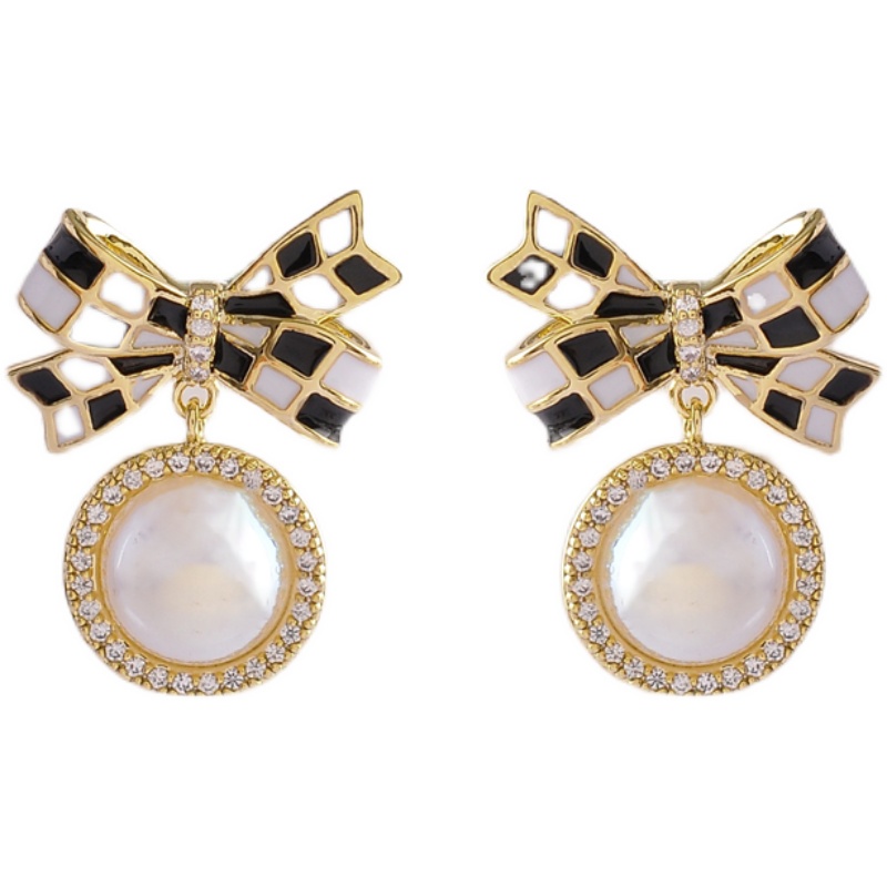 Bông Tai Mạ Bạc 925 Hình Nơ Đính Ngọc Trai Trắng Đen Sang Trọng