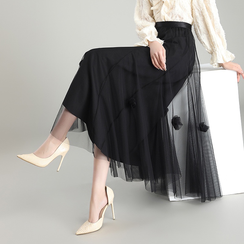 Chân Váy Xòe Chữ A Lưng Cao Co Giãn Thêu Hoa 5 Màu Thời Trang Cho Nữ