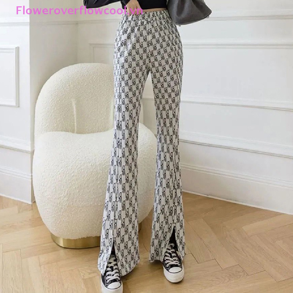 Quần Dài Ống Loe Xẻ Tà Trước Họa Tiết Houndstooth Thời Trang Đường Phố Hàn Quốc Cho Nữ