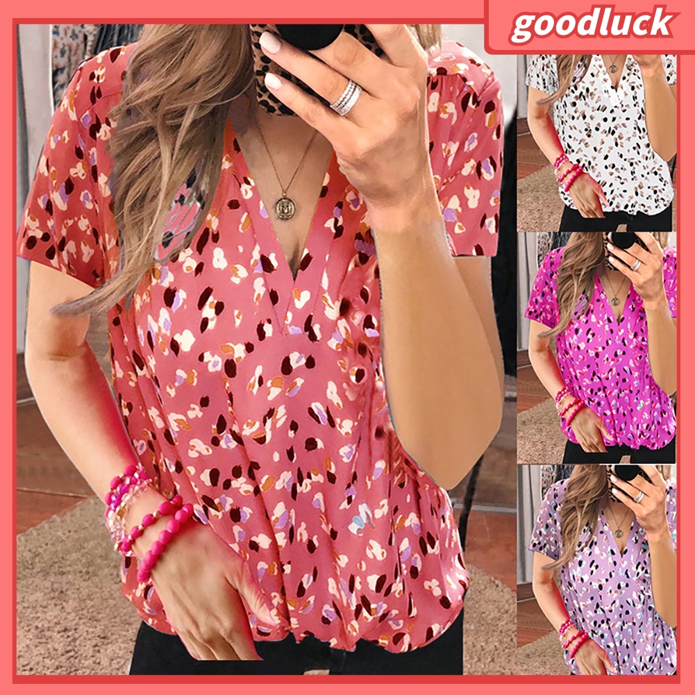 Áo Thun Tay Ngắn Cổ Chữ V Họa Tiết Da Báo / Chấm Bi Thời Trang Cho Nữ