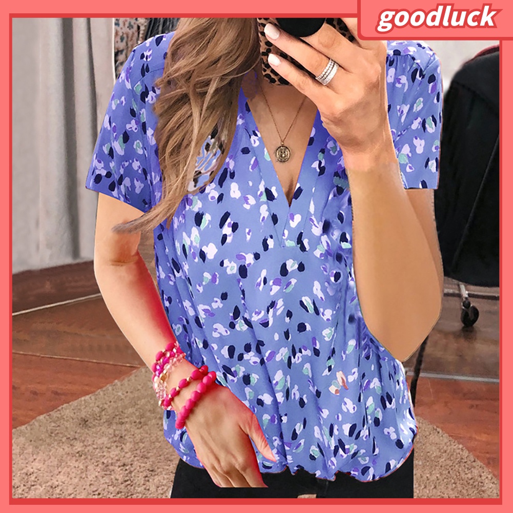 Áo Thun Tay Ngắn Cổ Chữ V Họa Tiết Da Báo / Chấm Bi Thời Trang Cho Nữ