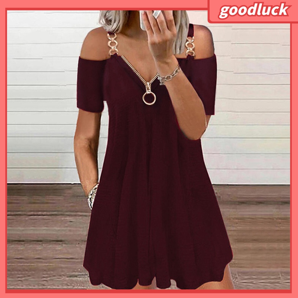 [GUC] Đầm Xòe Mini Chữ A Xếp Ly Dây Đeo Vai Cổ Chữ V Tay Ngắn Có Khóa Kéo Bằng Kim Loại Kích Thước Lớn Cho Nữ