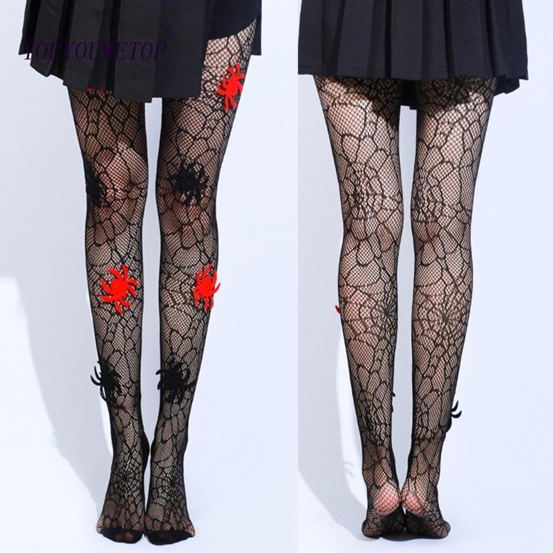 Youyo Quần Tất Lưới Đen Gothic Họa Tiết Cobweb Halloween Cho Nữ