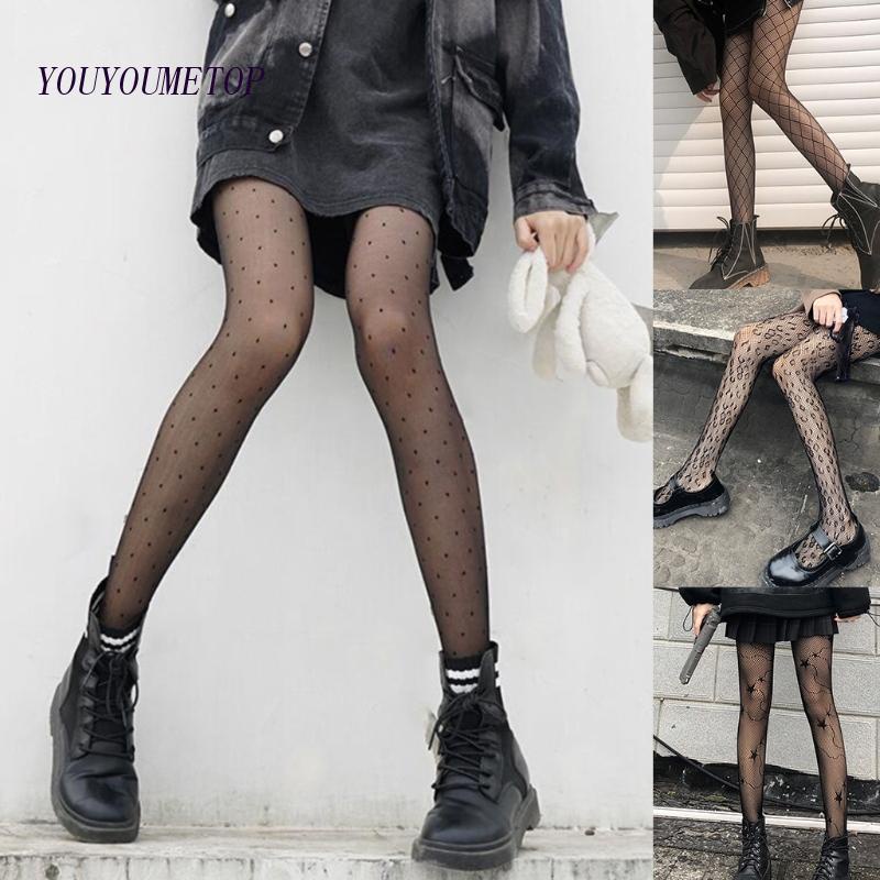 Youyo Quần Tất Lưới Nylon Đen Gợi Cảm Họa Tiết Da Báo Chấm Bi Phong Cách Gothic Cho Nữ Hàng Có Sẵn
