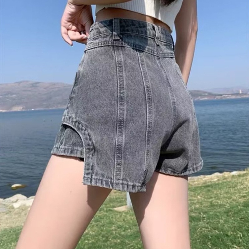 IELGY   Quần Short denim Lưng Cao Dáng Chữ a Phong Cách Hàn Quốc Cho Nữ