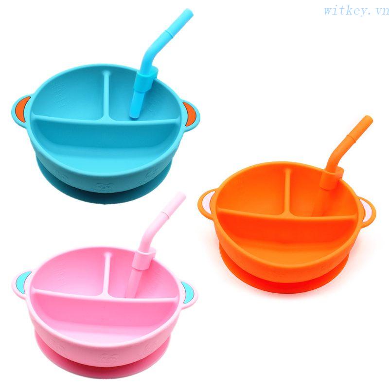 Bát Ăn Chia 3 Ngăn Bằng Silicone Kèm Ống Hút Nhỏ Gọn Dành Cho Bé