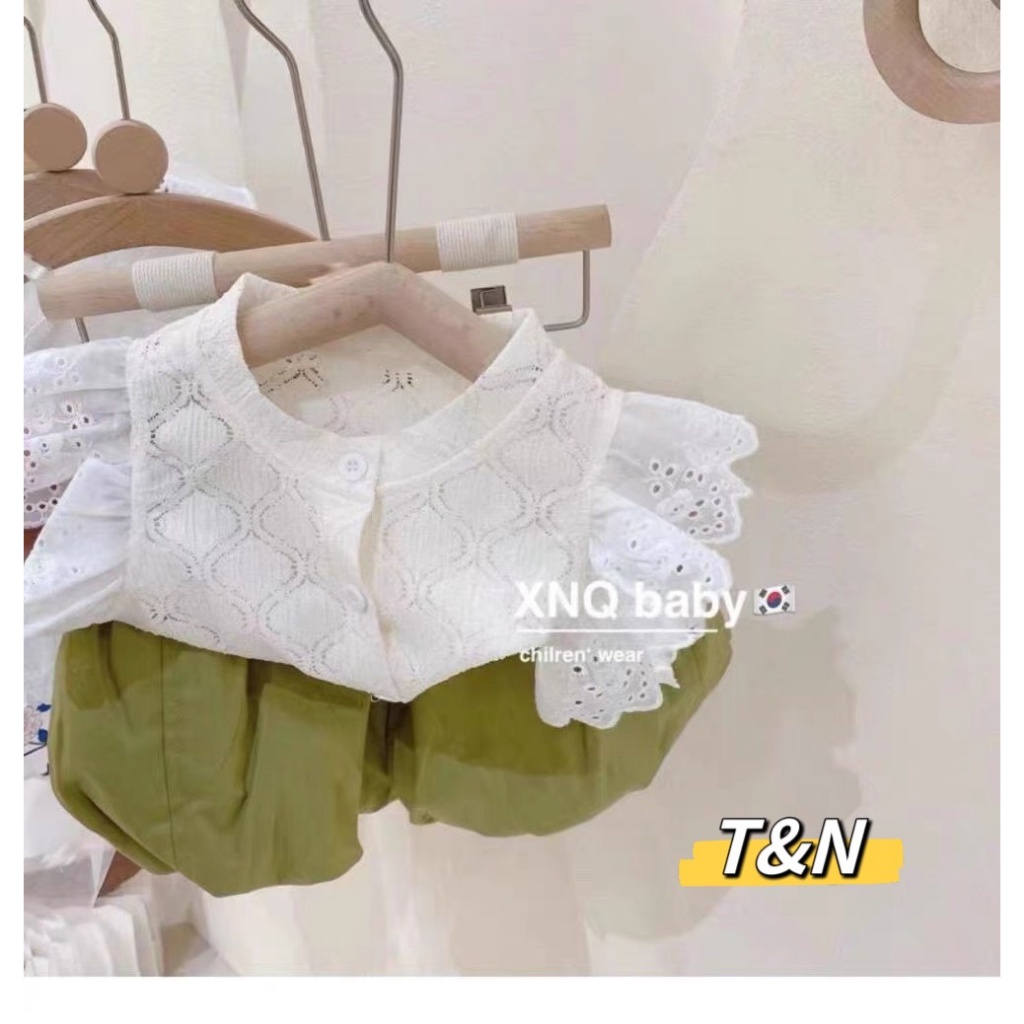 Bộ Áo Ren Tay Bay + Quần Bí Ngô Dễ Thương Thời Trang Mùa Hè Phong Cách Hàn Quốc Cho Bé Gái