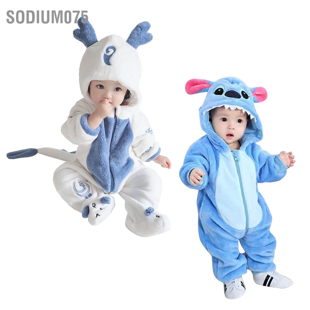 Sodium075 Mùa Đông Cho Bé Jumpsuit Mềm Mại Ấm Áp Dễ Thương Có Mũ Dép Nỉ Trẻ Sơ Sinh Bộ Đồ Ngủ Dây Kéo Đôi Thu