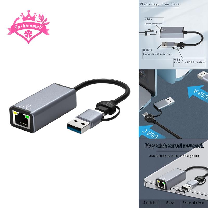 Card Mạng 2 Trong 1 Chuyển Đổi USB C / USB A Sang RJ45 Cho Điện Thoại / Laptop