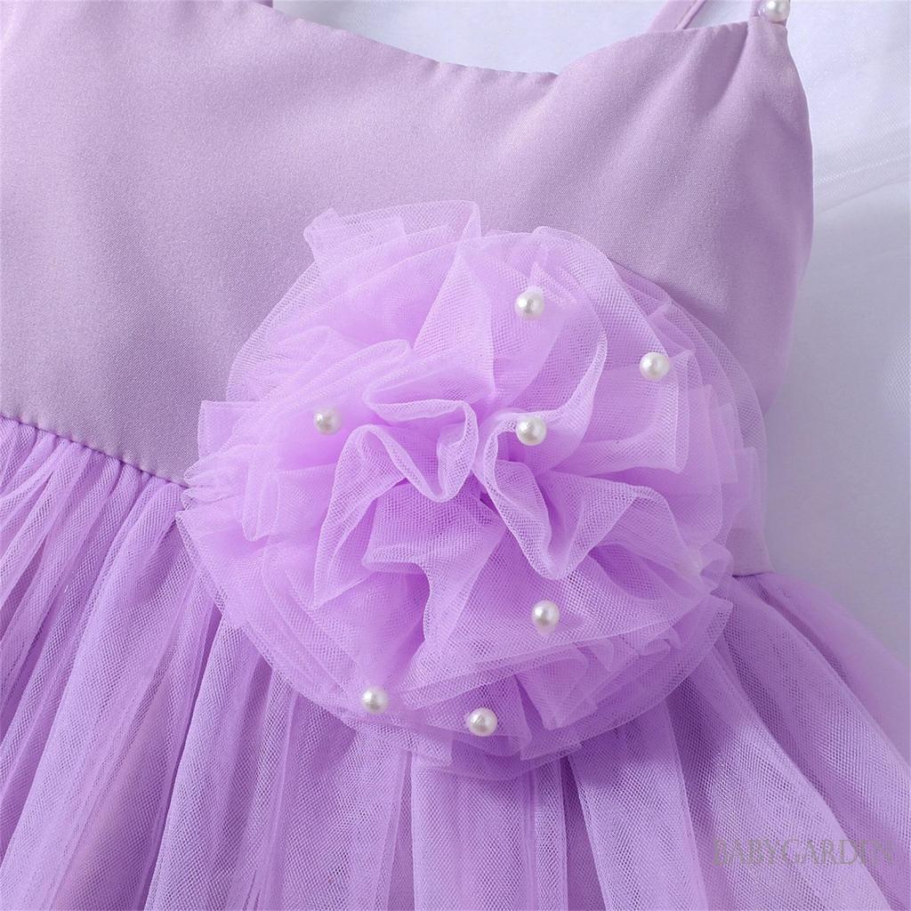 Đầm Công Chúa Dáng Chữ A Không Tay Vải Tuyn Đính Hoa Ngọc Trai Màu Xanh Lá / Hồng / Tím Cho Bé Gái 1-6 Tuổi Dự Tiệc