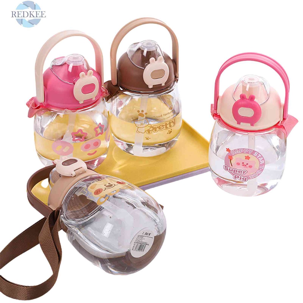 Bình Nước Nhựa 1000ml Có Ống Hút Họa Tiết Hoạt Hình Màu Sắc Ngẫu Nhiên