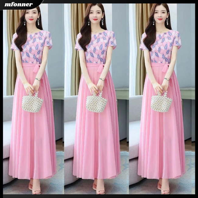 Đầm Midi Tay Ngắn Cổ Tròn Màu Sắc Tương Phản Thời Trang Mùa Hè Dành Cho Nữ