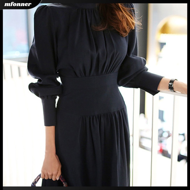 Đầm Dài Tay Cổ Đứng Màu Trơn Thiết Kế Ôm Sát Tôn Dáng Thời Trang Dành Cho Nữ