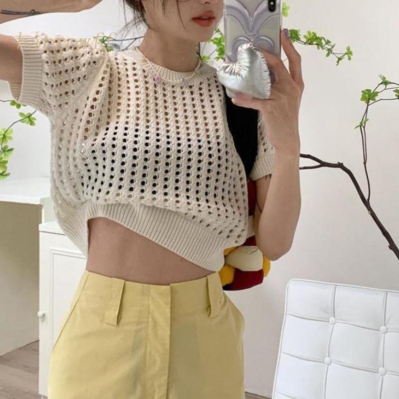 Áo Croptop Đan Len Tay Ngắn Cổ Tròn Màu Sắc Đơn Giản Thời Trang Mùa Hè Cho Nữ