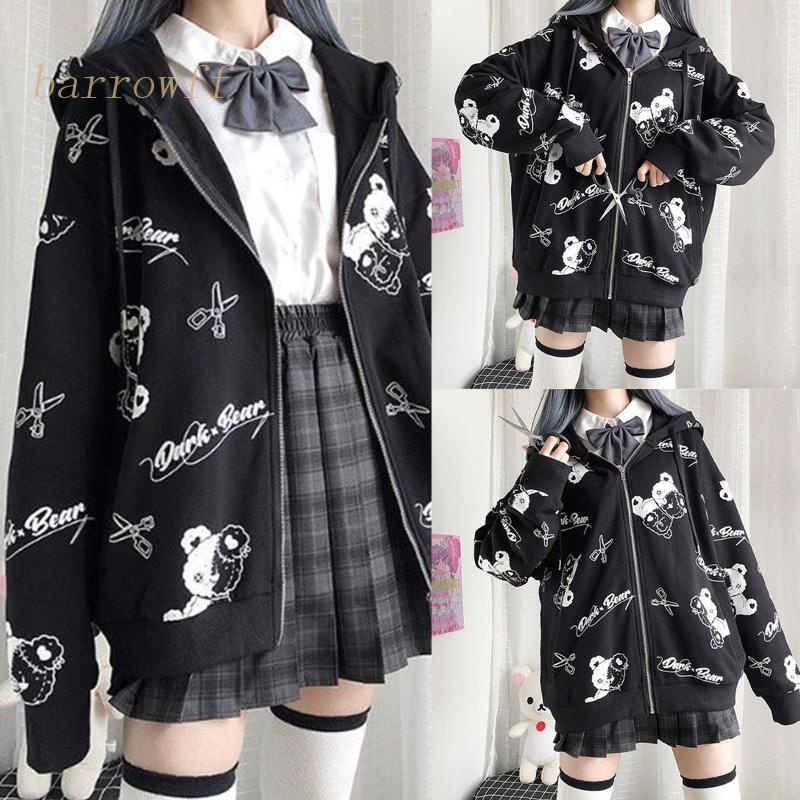 Brroa Áo Khoác Tay Dài Có Khóa Kéo In Hình Gấu Hoạt Hình Phong Cách Gothic Punk Harajuku Mùa Thu Cho Nữ