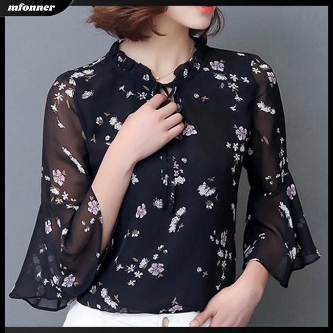 Áo Sơ Mi Chiffon Tay Lỡ Cổ Đứng Dáng Rộng In Họa Tiết Hoa Thanh Lịch Cho Nữ