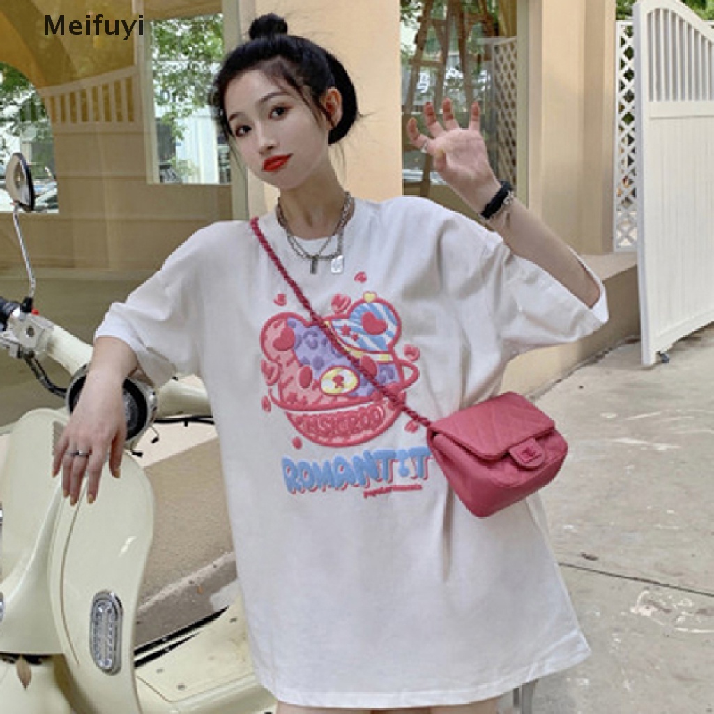 Áo Thun Ngắn Tay Cổ Tròn Dáng Rộng In Hình Gấu Hoạt Hình Thời Trang Mùa Hè Giản Dị Dành Cho Nữ