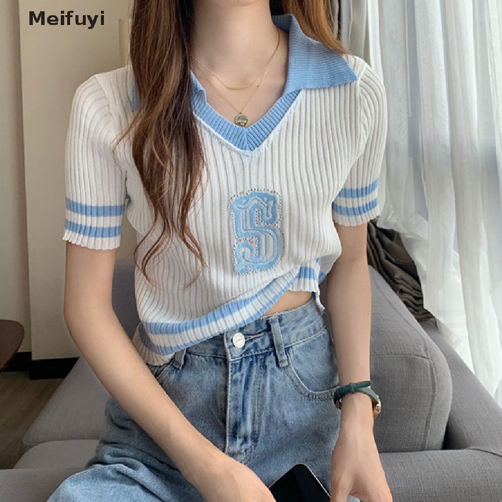 Áo Croptop Dệt Kim Tay Ngắn Thêu Chữ Phong Cách Preppy Thời Trang Mùa Hè Cho Nữ