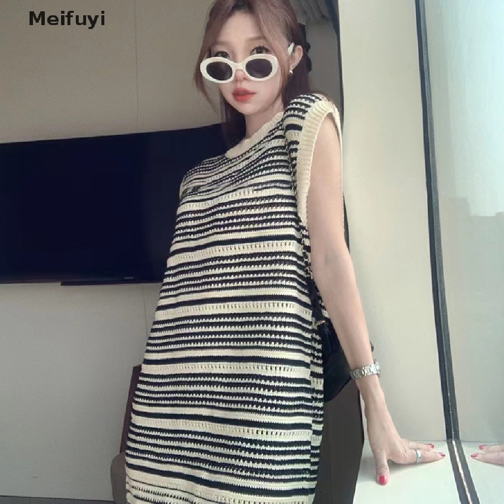 Đầm Dệt Kim Không Tay Dáng Rộng Họa Tiết Kẻ Sọc Phối Tua Rua Phong Cách Hàn Quốc Thời Trang Mùa Hè Cho Nữ