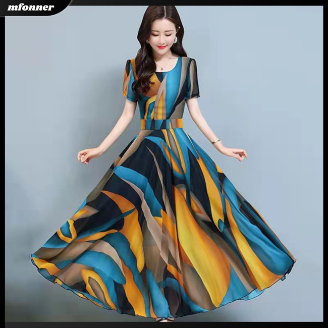 Đầm Lụa Tay Ngắn Dáng Xòe Rộng In Họa Tiết Thời Trang Mùa Hè Xinh Xắn Cho Nữ