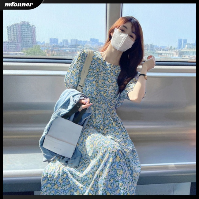 Đầm Voan Hoa Tay Phồng Cổ Tròn Xinh Xắn Dành Cho Nữ