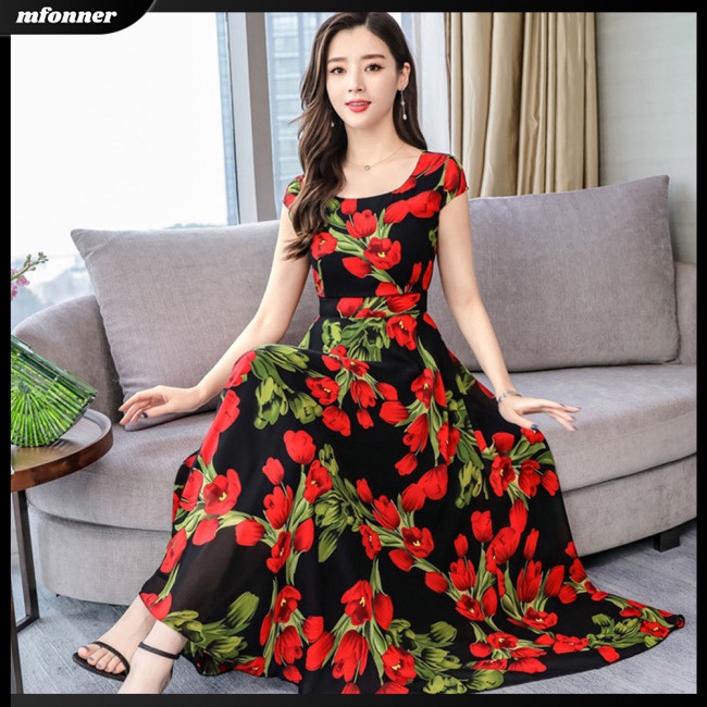 Đầm Dài Tay Ngắn In Hoa Thời Trang Mùa Hè Cho Nữ