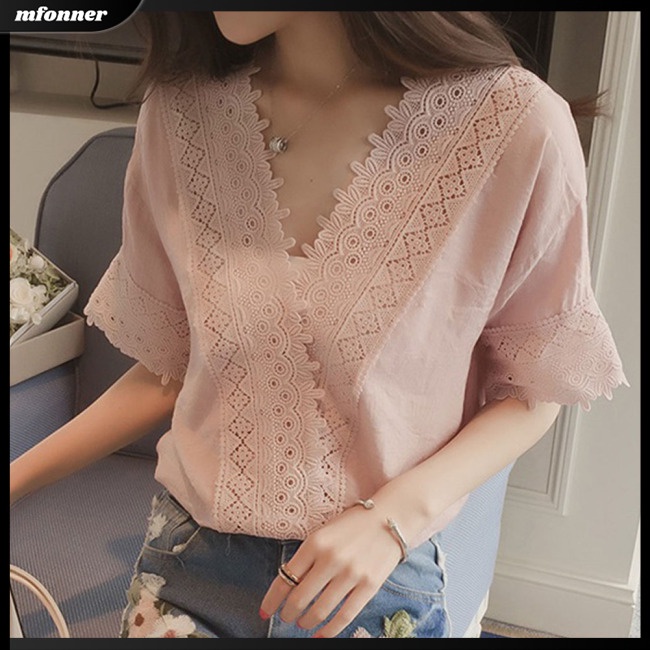 Áo Thun Nữ Cổ Chữ V Phối Ren Lỗ Đơn Giản Dễ Phối Đồ