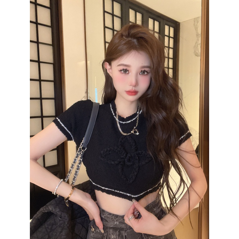 Áo Croptop Dệt Kim Tay Ngắn Cổ Tròn Dáng Ôm In Họa Tiết Thời Trang Mùa Hè Hàn Quốc Quyến Rũ Cho Nữ