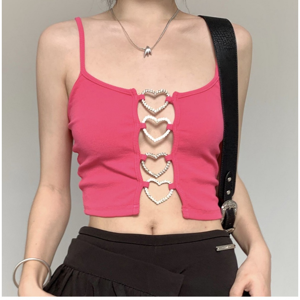 Áo Croptop Hai Dây Ôm Dáng Phối Khóa Trái Tim Quyến Rũ Thời Trang Mùa Hè Cho Nữ