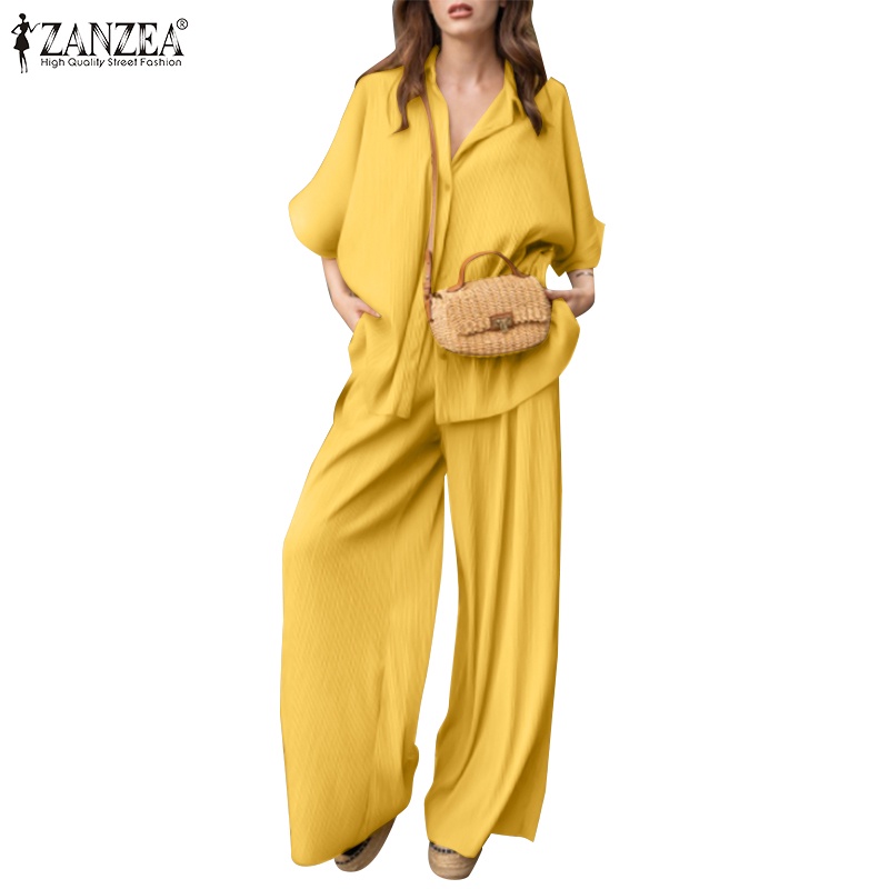 ZANZEA Bộ Áo Sơ Mi Tay Lửng Phối Quần ống rộng Thời Trang Cho Nữ