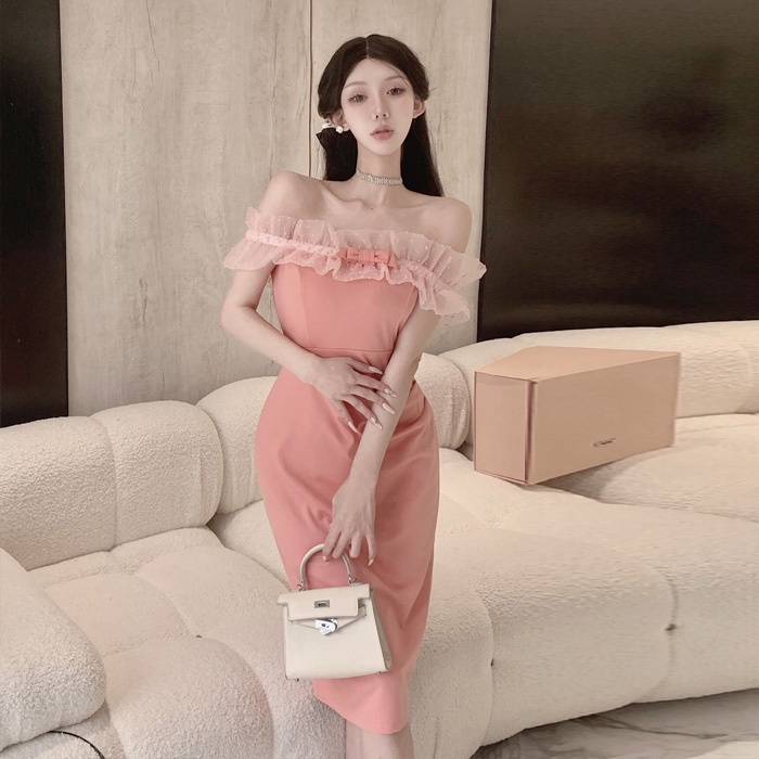 Gegejia Influencer Chân Váy Ôm Dài Vừa Xếp Ly Một Bên Vai Ghép Vải Gạc Gợi Cảm Cho Nữ