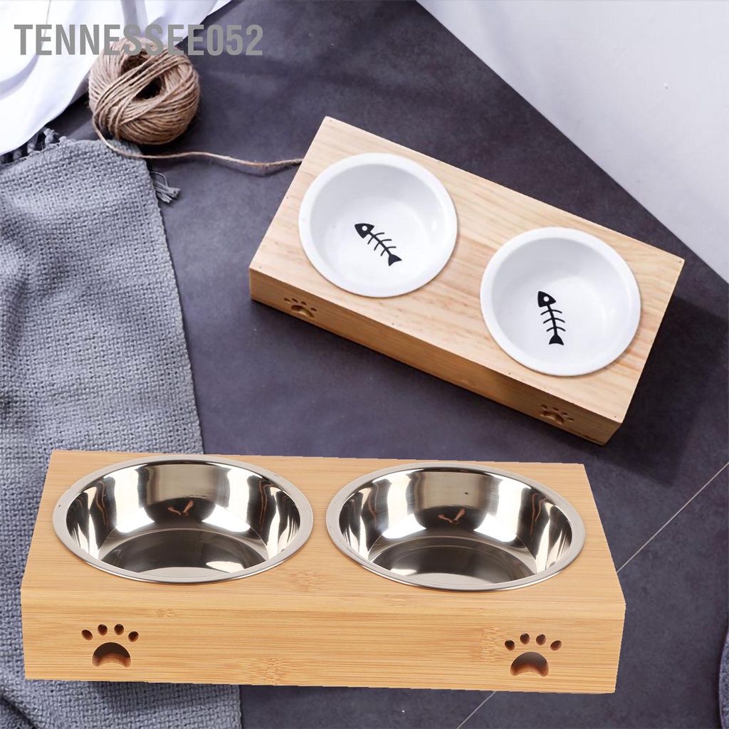 Tennessee052 Thú Cưng Tre Đôi Bát Hoạt Hình Chống Trơn Trượt Dễ Dàng Vệ Sinh Bàn Với Sứ Và Tay Cầm Cho Chó Mèo