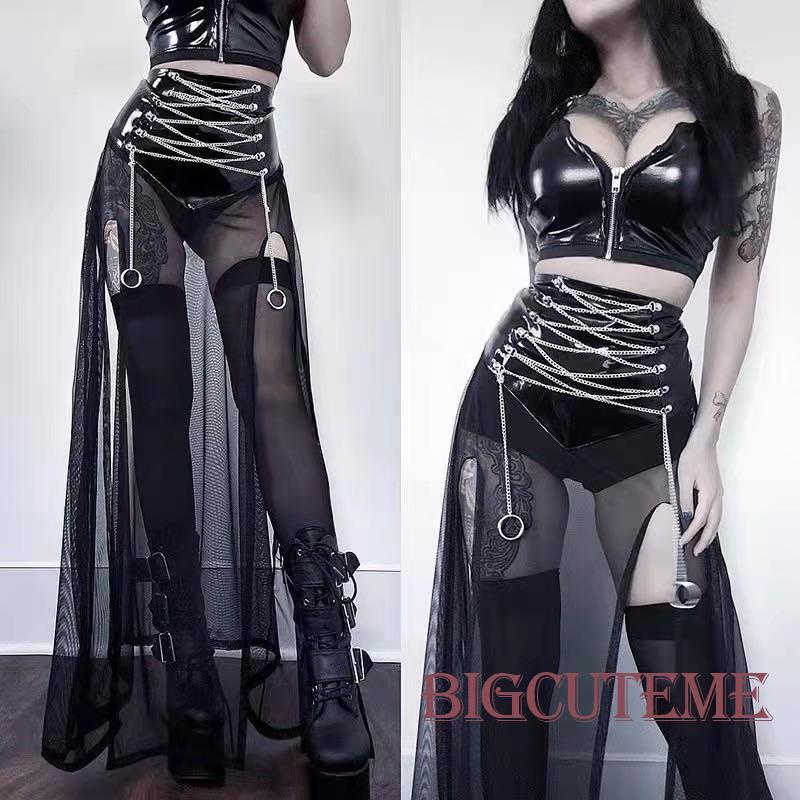 [] - Chân Váy Lưới Dáng Dài Phối Dây Xích Đan Chéo Màu Đen Phong Cách Gothic Thời Trang Mùa Hè Dành Cho Bạn Nữ Mặc Khi Nhảy Múa Sân Khấu