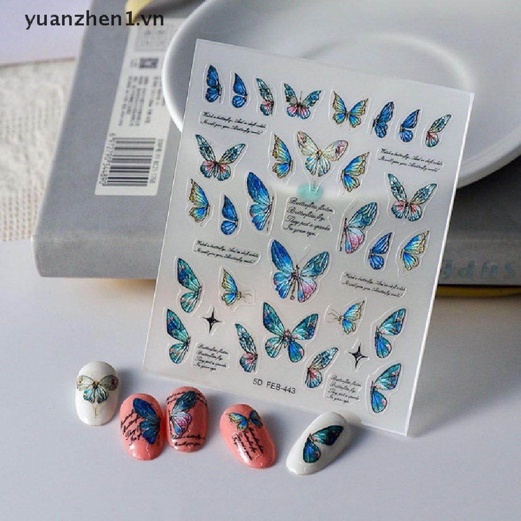 1 Tờ Miếng Dán Trang Trí Móng Tay Hình Bướm 5D Màu Gradient