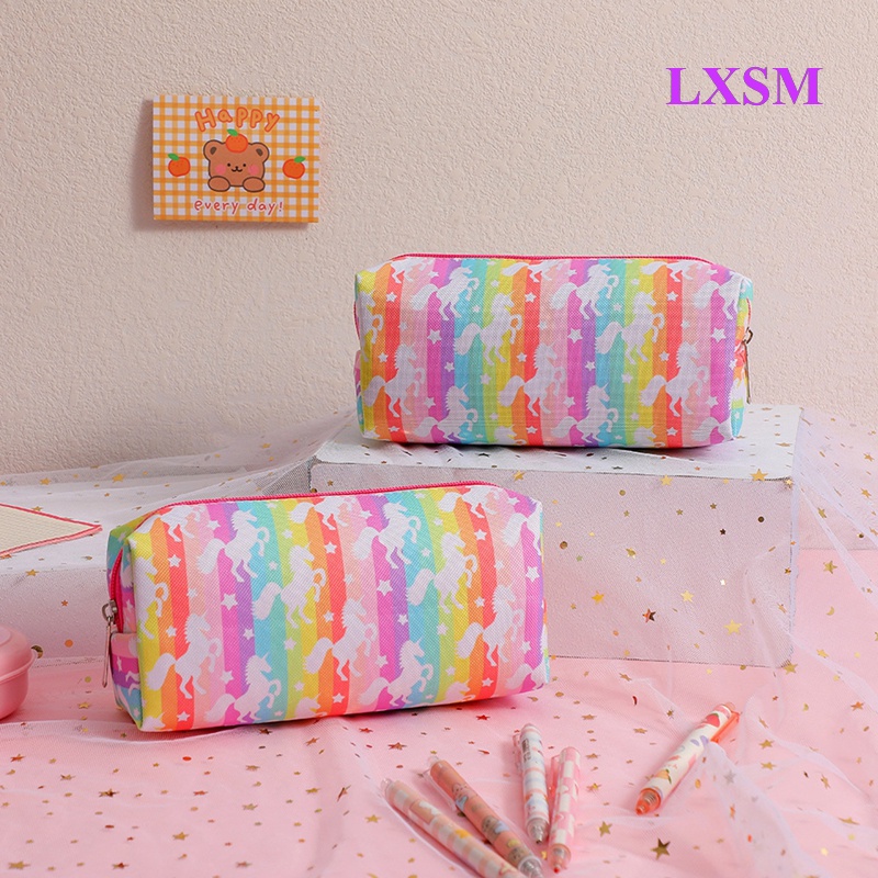 Túi Đựng Bút Họa Tiết Kỳ Lân Hoạt Hình Màu Cầu Vồng Sức Chứa Lớn