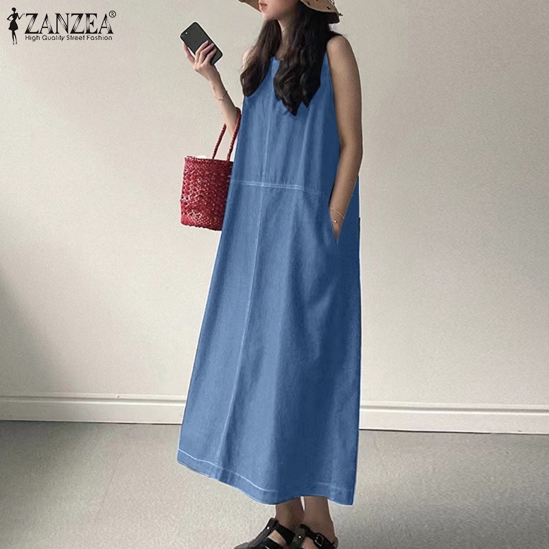 Đầm denim ZANZEA không tay thời trang đường phố cá tính cho nữ