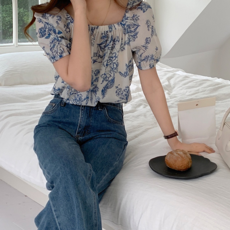 SUXI Áo Sơ Mi Trễ Vai Dáng Rộng In Họa Tiết Thời Trang Hàn Quốc Cho Nữ