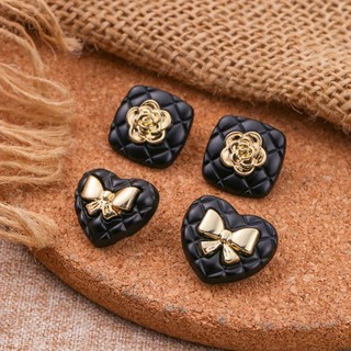 Set 10 Nút Áo Khoác Len Bằng Kim Loại Hình Nơ Trái Tim Màu Đen