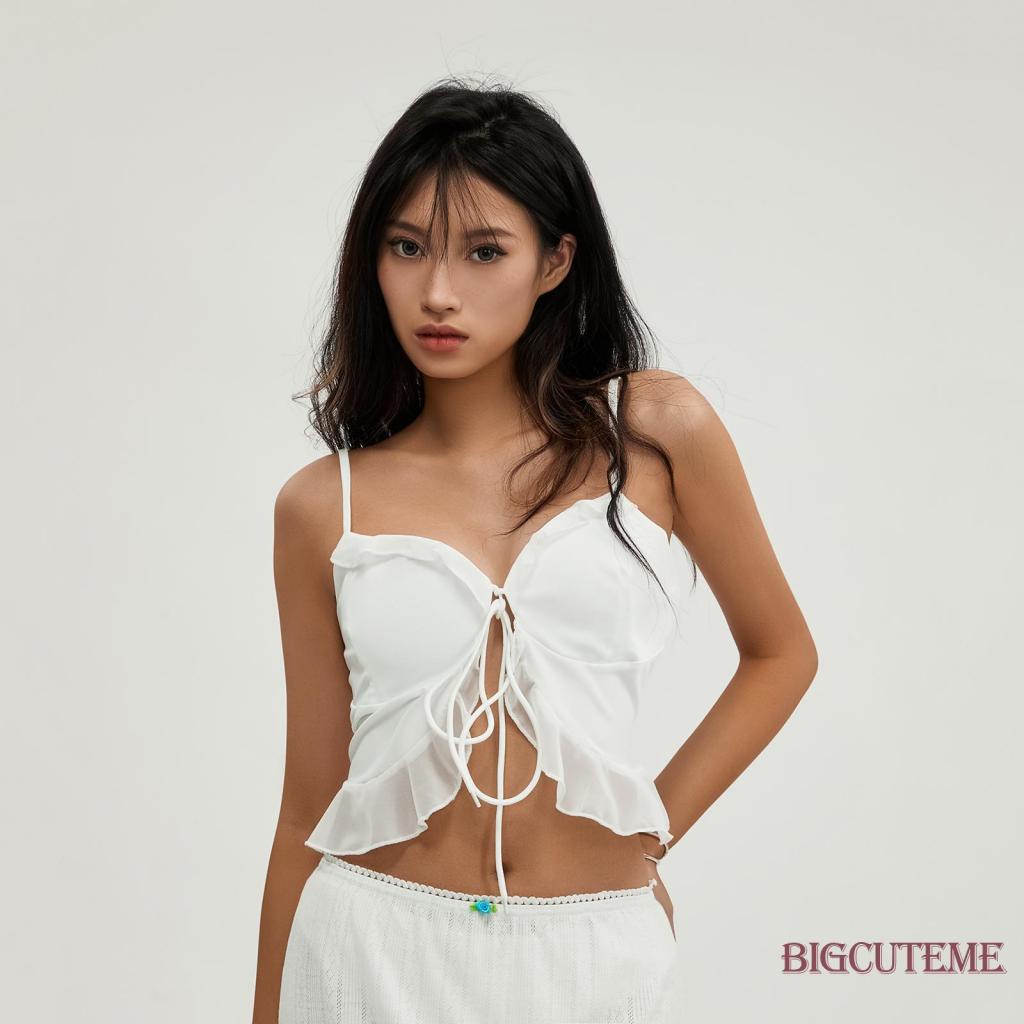 [] Áo Crop Top Hai Dây Màu Trơn Cột Dây Phía Trước Thời Trang Mùa Hè Cho Nữ