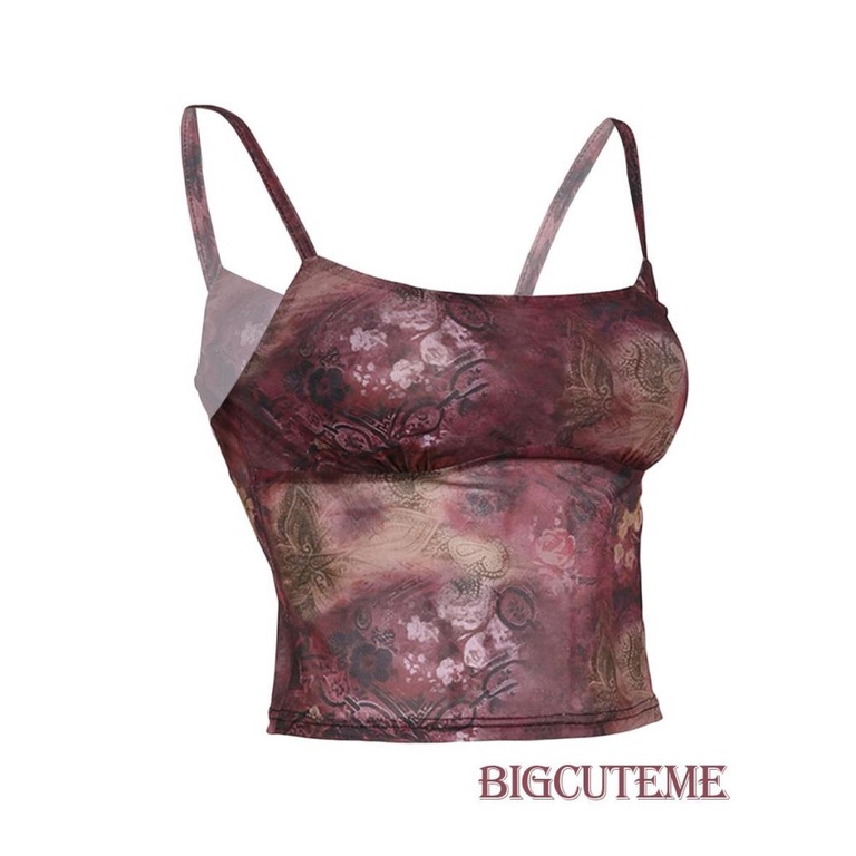 Áo Hai Dây Sát Nách Phối Lưới In Họa Tiết Vintage Thời Trang Mùa Hè Cho Nữ