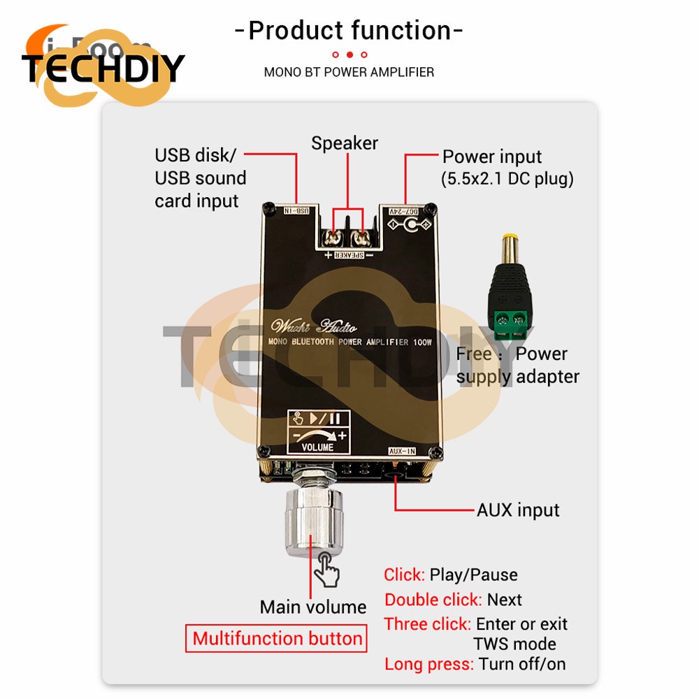 Bảng Mạch Khuếch Đại Âm Thanh Bluetooth Kênh Đơn ZK-1001B TPA3116 100W DC 7-24V Kèm Hộp Đa Năng