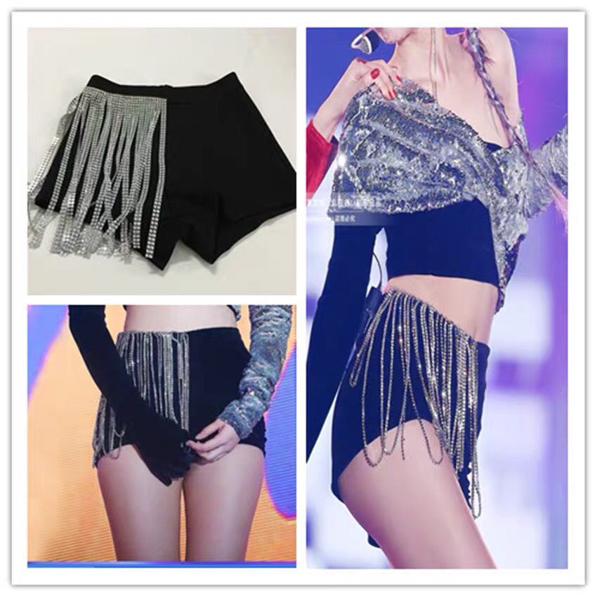 Jin Zhini jennie Quần Short Lưng Cao Dáng Ôm Co Giãn Phối Tua Rua Phong Cách