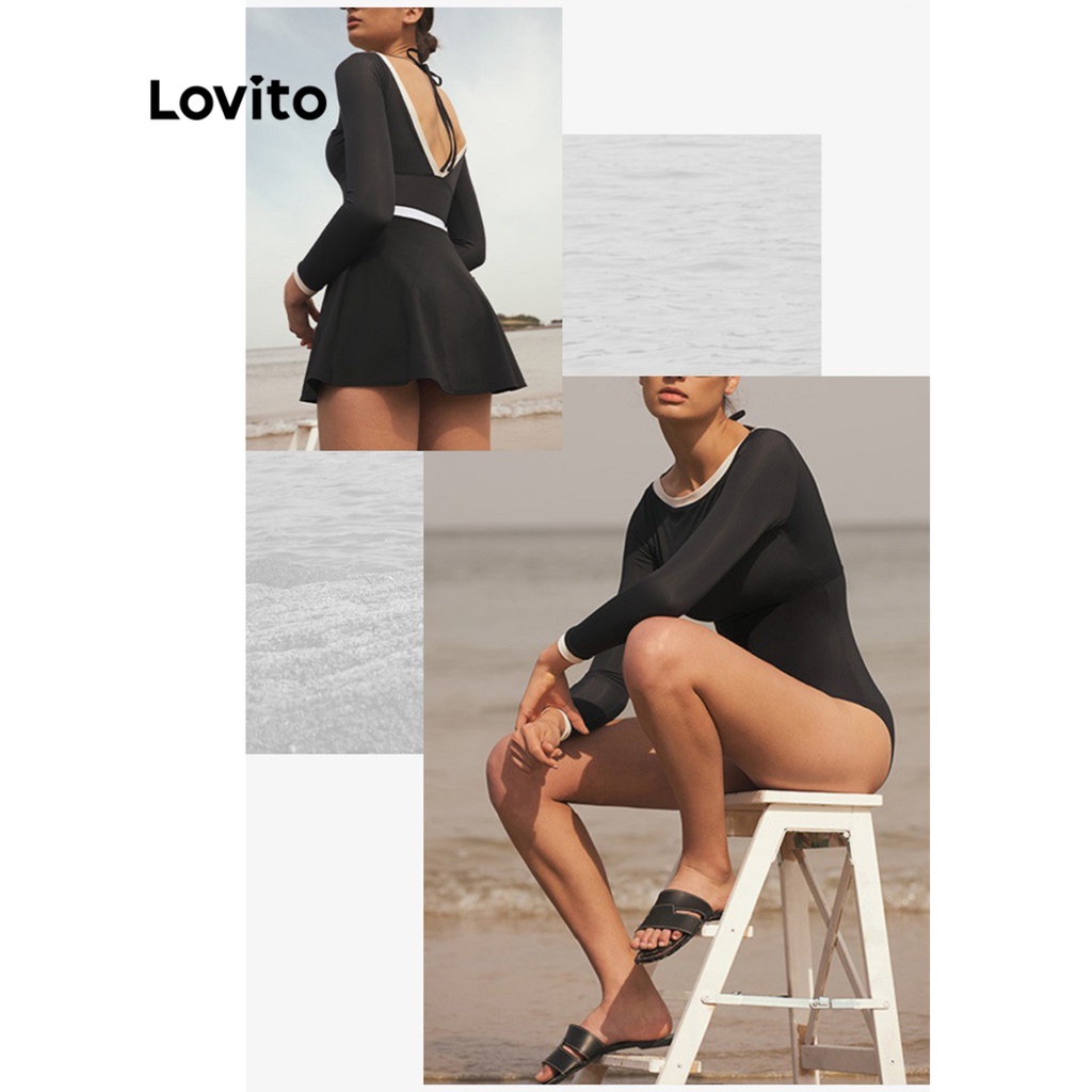 Bộ đồ bơi hai mảnh Lovito hở lưng buộc dây viền tương phản cơ bản màu trơn phong cách thường ngày cho nữ L50AD022 (đen)
