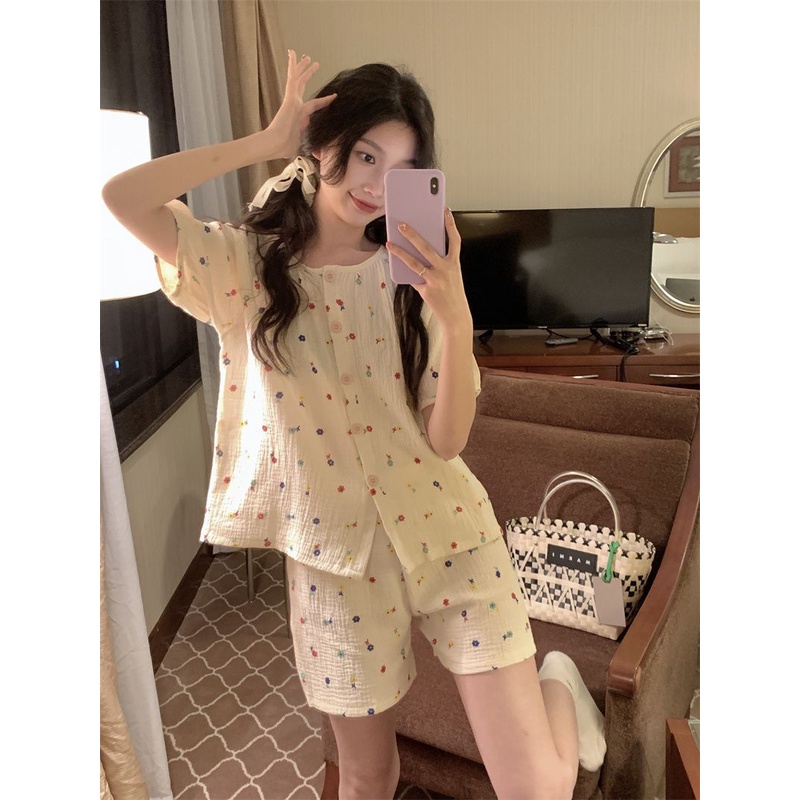 Bộ Đồ Ngủ Tay Ngắn In Hoa Dễ Thương Thoải Mái Thời Trang Mùa Hè Cho Nữ