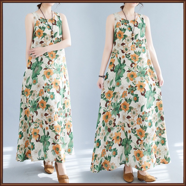 Đầm Dài Rộng Không Tay Bằng Vải Lanh Cotton In Hình Phong Cách Bohemian Thời Trang Mùa Hè Dành Cho Nữ