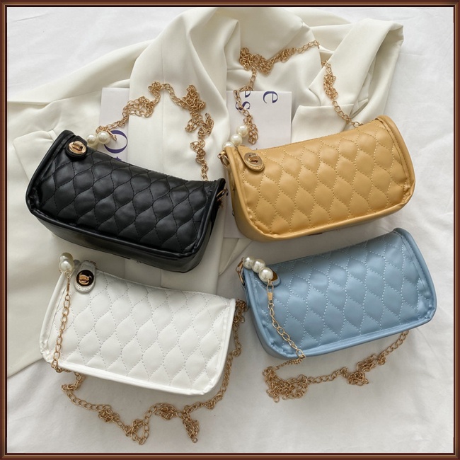 Túi Đeo Chéo Mini Bằng Da Pu Đính Ngọc Trai Nhân Tạo Phối Dây Đeo Sợi Xích Thời Trang Dành Cho Nữ