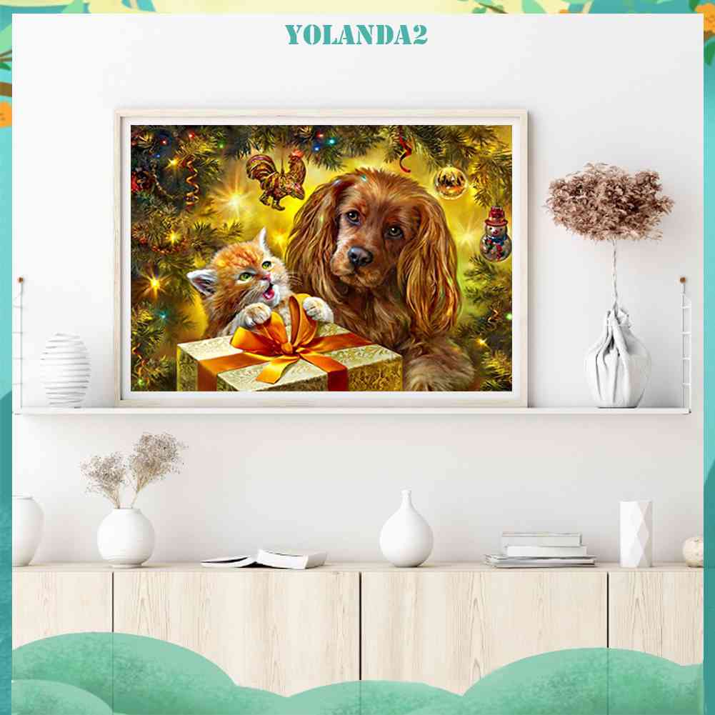 Tranh Đính Đá Kim Cương Toàn Bộ 5D DIY Hình Chó Mèo Giáng Sinh