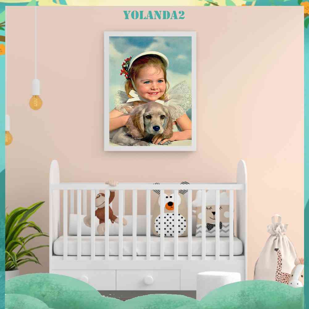 Tranh Đính Đá Kim Cương Toàn Bộ 5D DIY Hình Vẽ Chó Bé Gái Trang Trí Tường